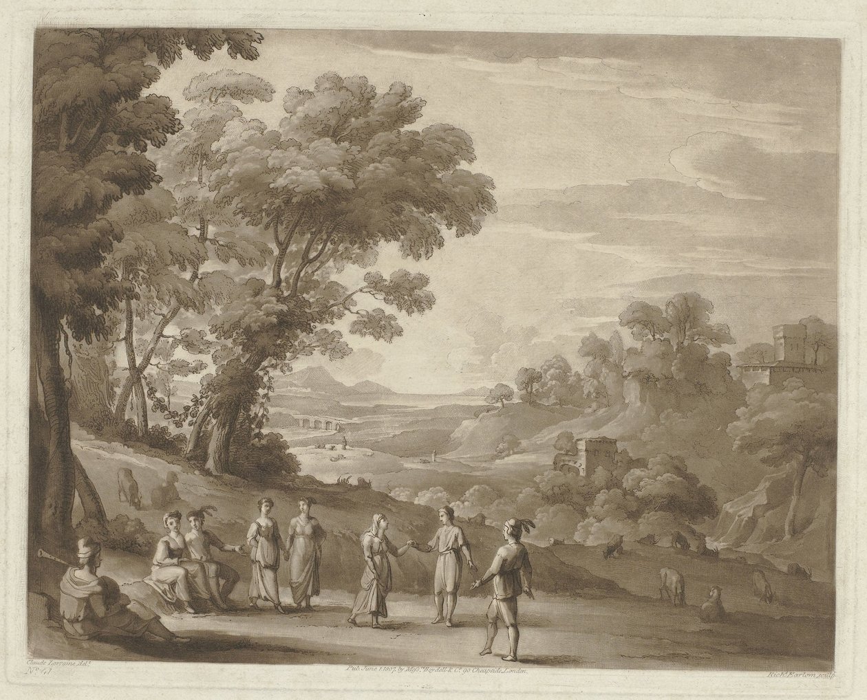 Maisema tanssivien hahmojen kanssa Printtejä Claude Lorrainin piirustusten jälkeen (sarjan nimi) Liber Veritatis (sarjan nimi) tekijältä Richard Earlom
