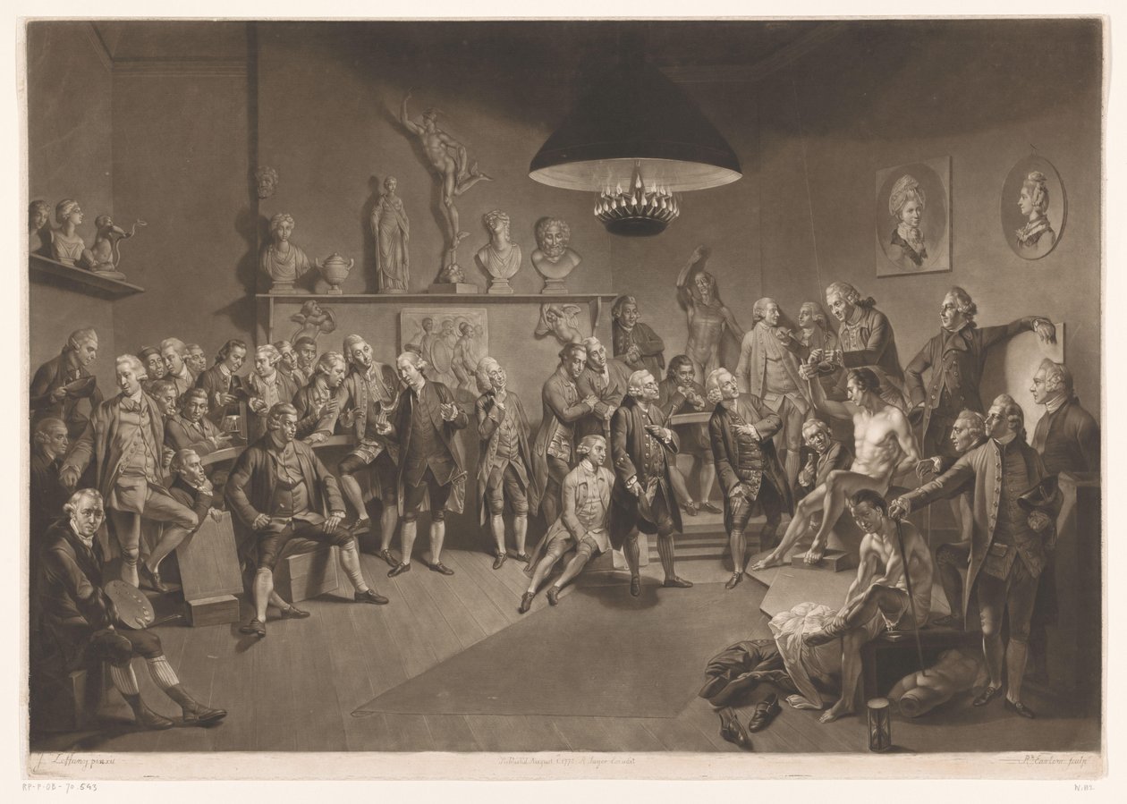 Kuninkaallisen akatemian jäseniä sisätiloissa alaston miesmallin kanssa, 1768 tekijältä Richard Earlom