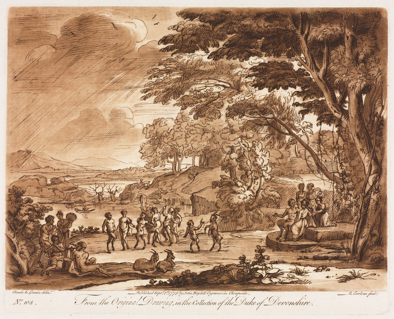 Liber Veritatis: Nro 108, Maisema satyyrien ja nymfien tanssiessa, 1775. tekijältä Richard Earlom