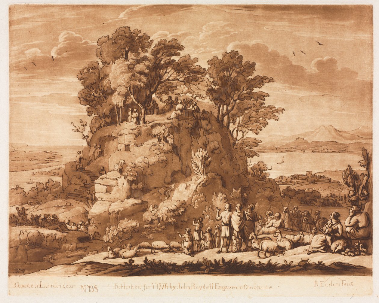 Liber Veritatis: Nro 138, Näkymä merelle, jossa Kristus saarnaa vuorella..., 1776. tekijältä Richard Earlom