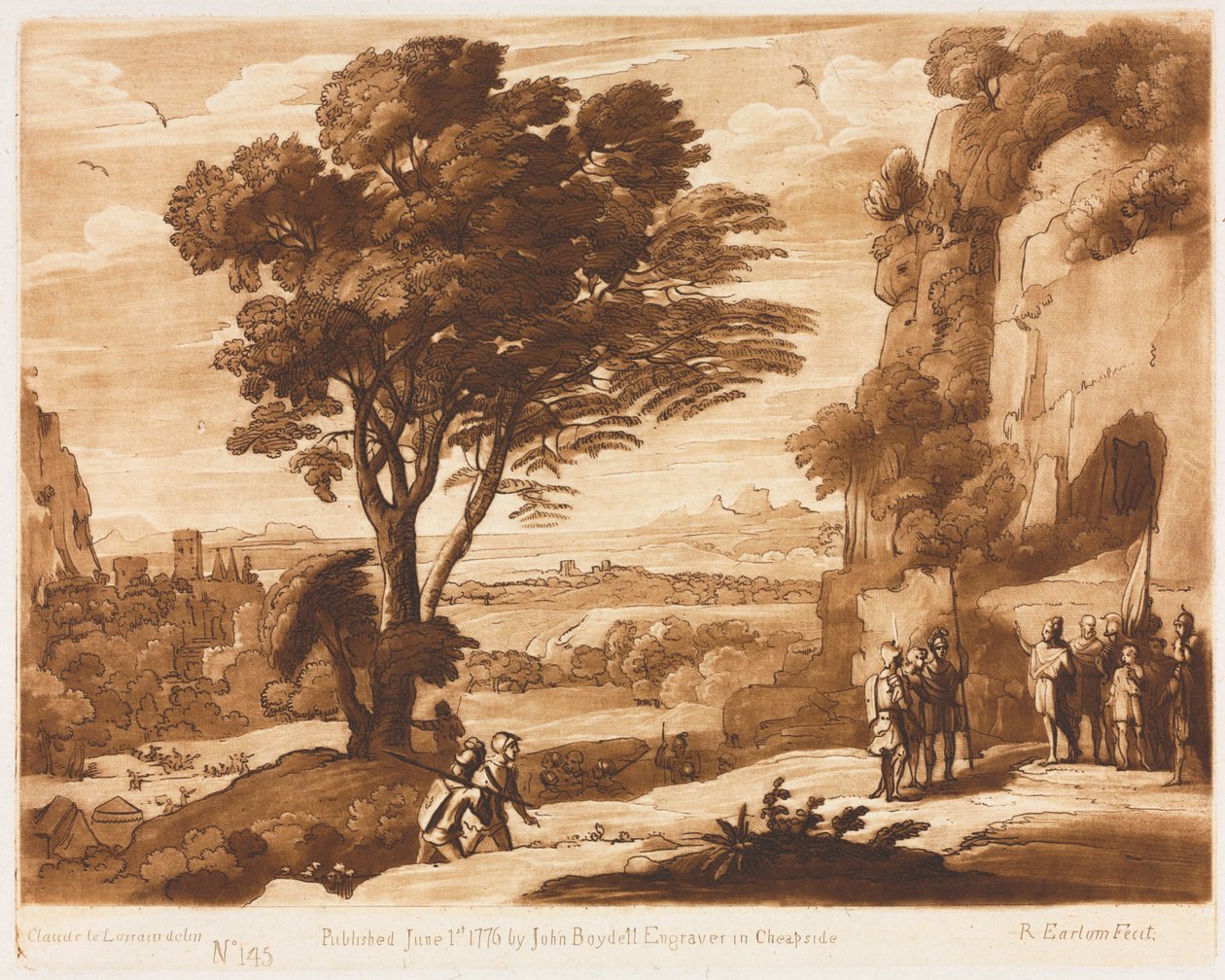Liber Veritatis: Nro 145, Maisema, figuurilla, Simon Priamuksen eteen, 1776. tekijältä Richard Earlom