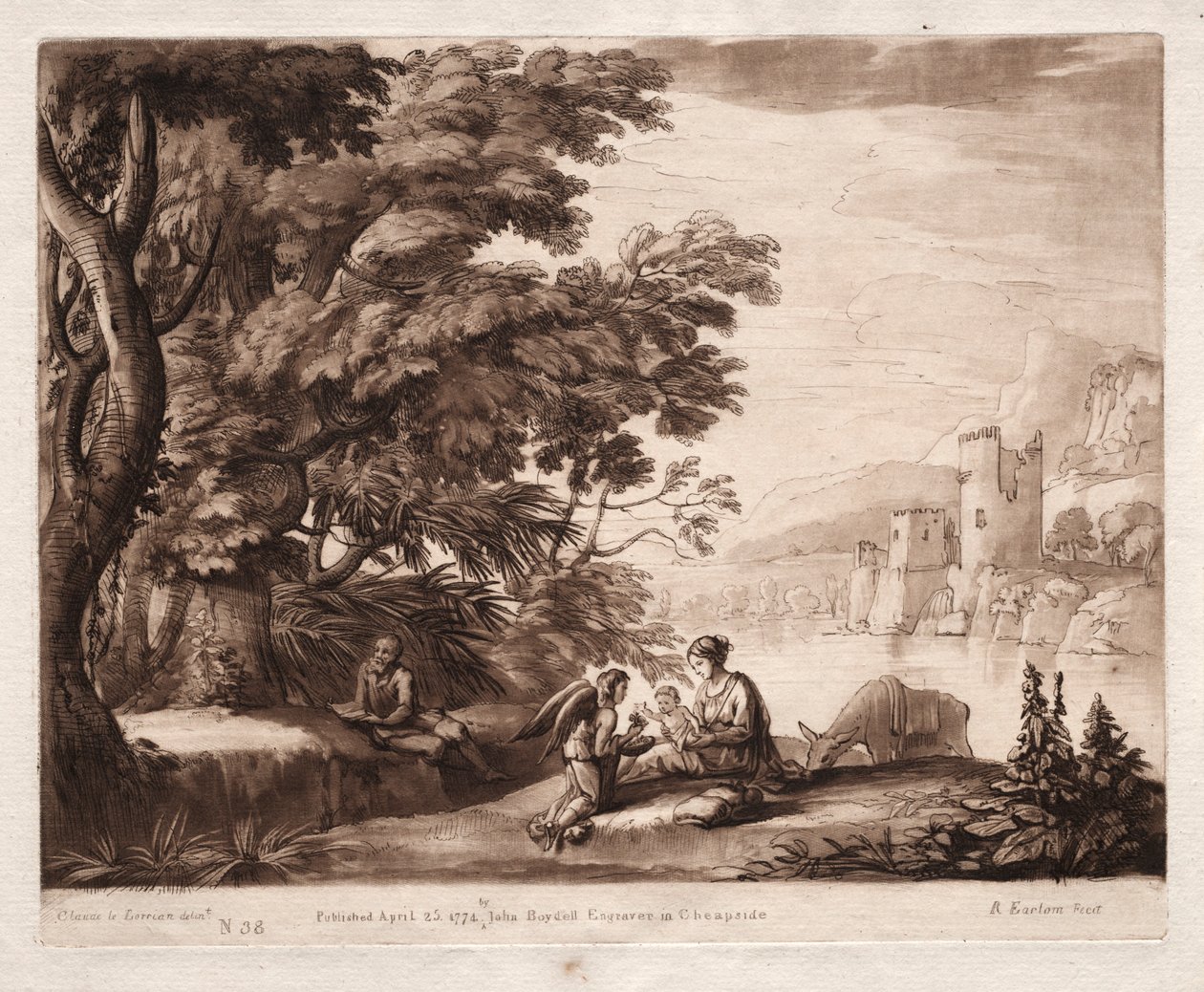 Liber Veritatis: nro 38, Pyhän perheen lepo joen varrella, 1774. tekijältä Richard Earlom