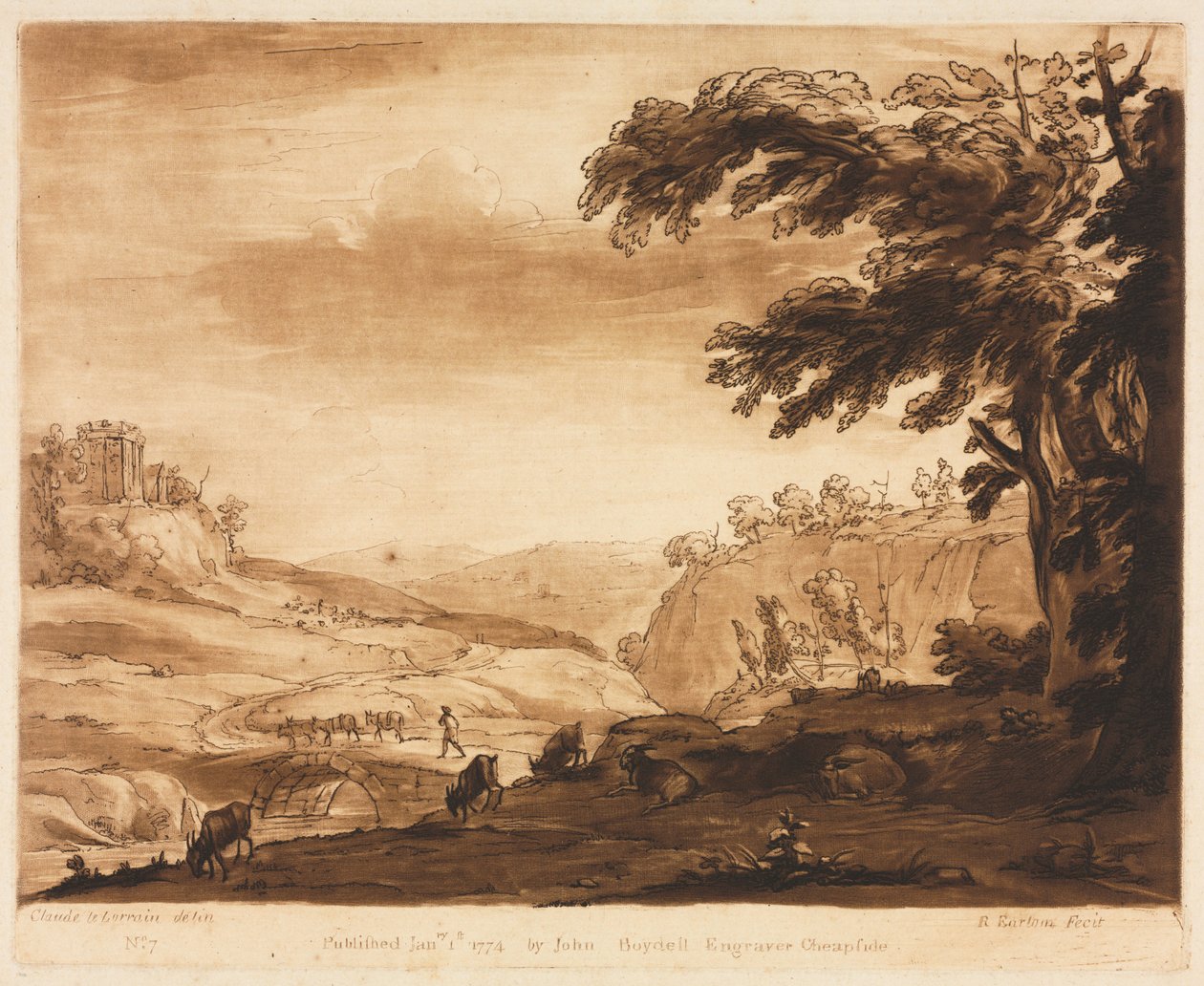 Liber Veritatis: Nro 7, Saaristomaisema vuoristoisesta maasta karjan kanssa, 1774. tekijältä Richard Earlom