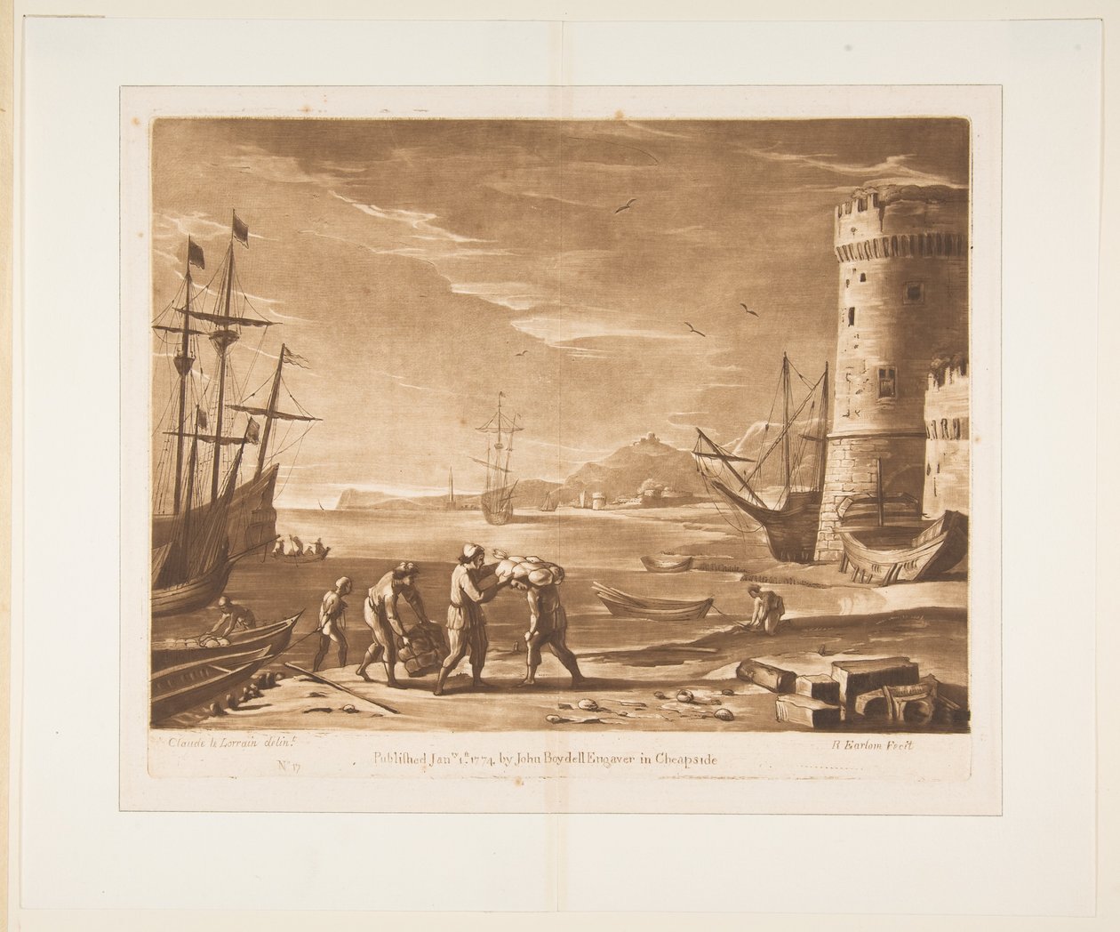 Merisatama, jossa merimiehet lastaavat tavaroita, 1774. tekijältä Richard Earlom