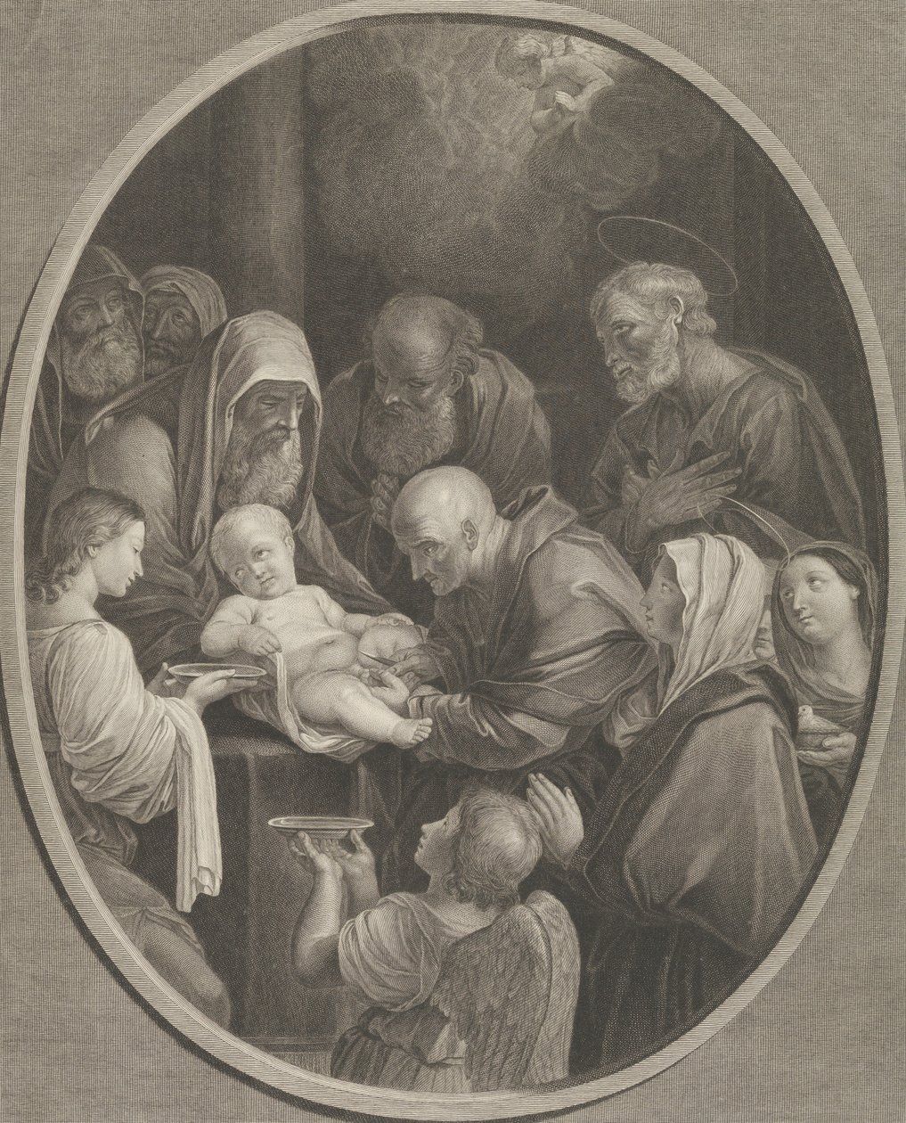 Kristuksen ympärileikkaus, joukko miehiä ja naisia, jotka ympäröivät häntä, enkeli edessä..., 1765 tekijältä Richard Earlom