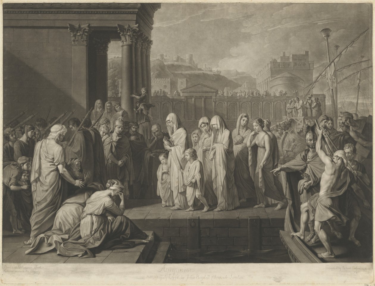 Agrippina laskeutuu Brindisiin Germanicuksen tuhkan kanssa tekijältä Richard Earlom after Benjamin West