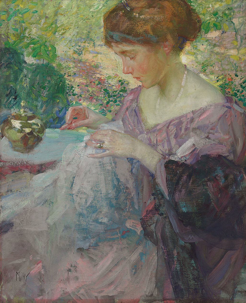 Nuori nainen ompelu (öljy kankaalle) tekijältä Richard Emil Miller