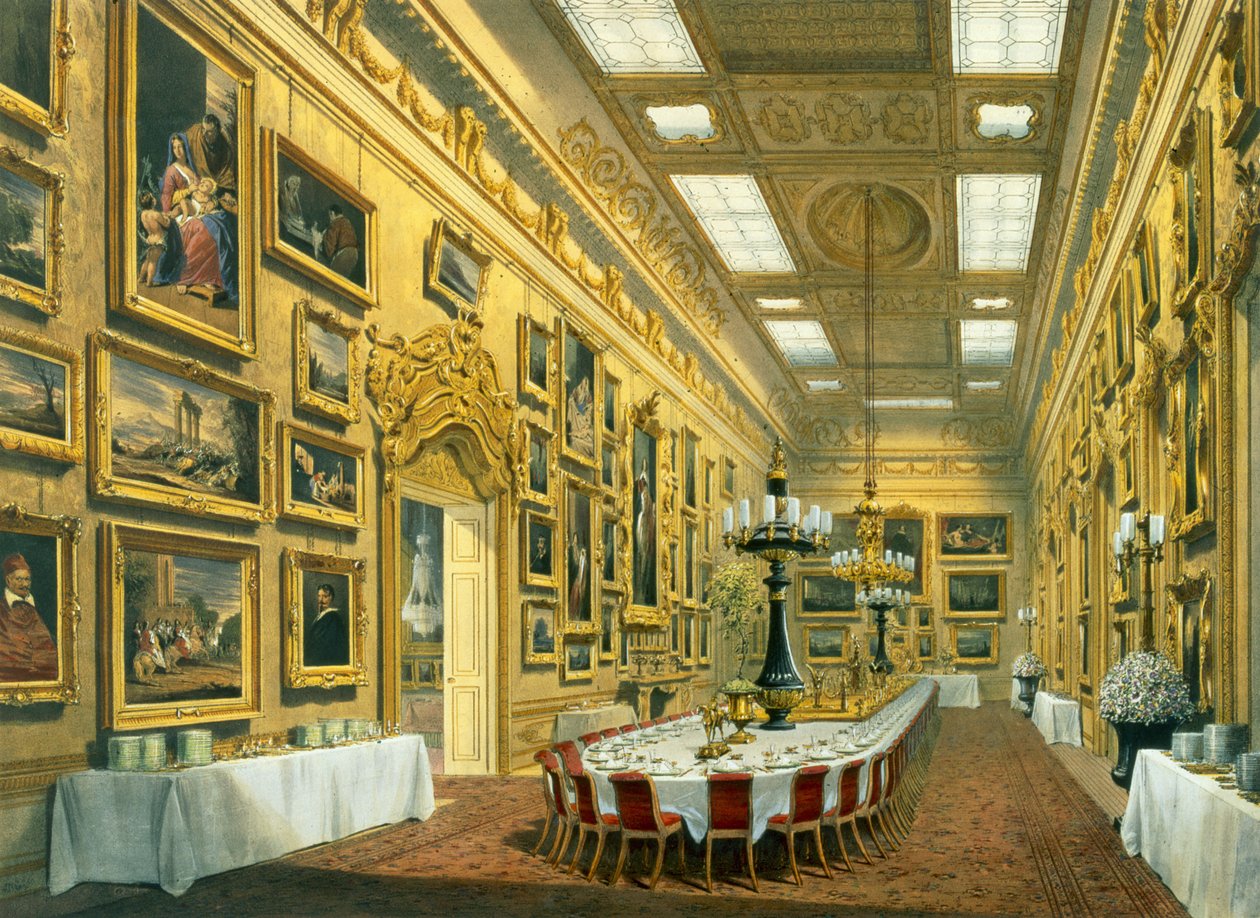 Waterloo-galleria, Apsley House, jäljennetty Richard Fordin teoksessa Apsley House and Walmer Castle, 1853 tekijältä Richard Ford