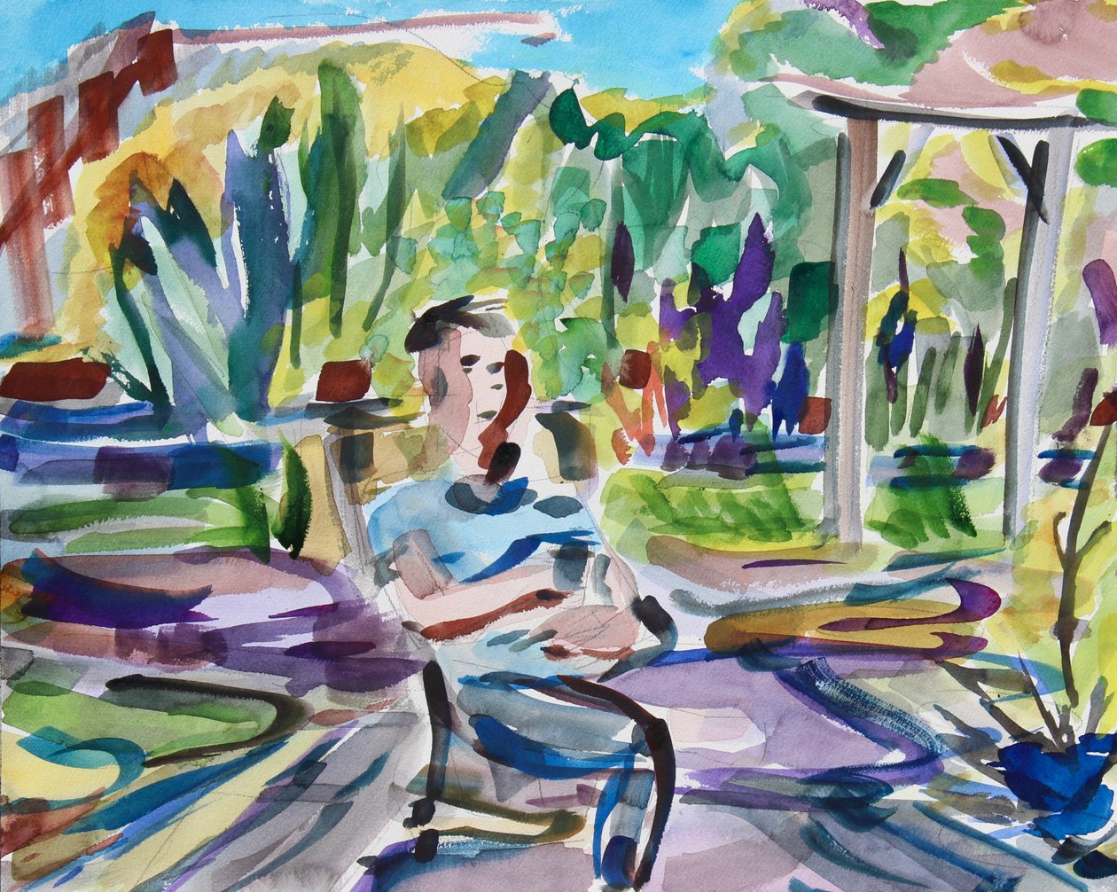 Puutarha, aurinkoinen päivä, 2021 (akvarelli paperille) tekijältä Richard Fox