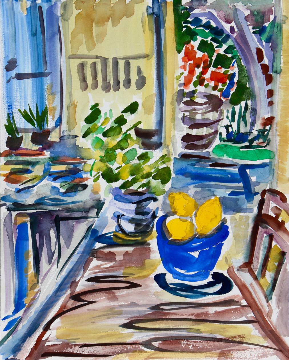 Lemons in Blue Bowl, 2021 (akvarelli paperille) tekijältä Richard Fox