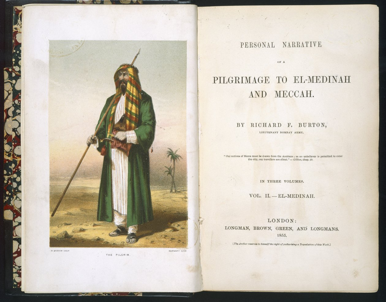 Nimisivu Richard F. Burtonille, "Raportti pyhiinvaelluksestani Medinaan ja Mekkaan", osa 1., 1855 tekijältä Richard Francis Burton