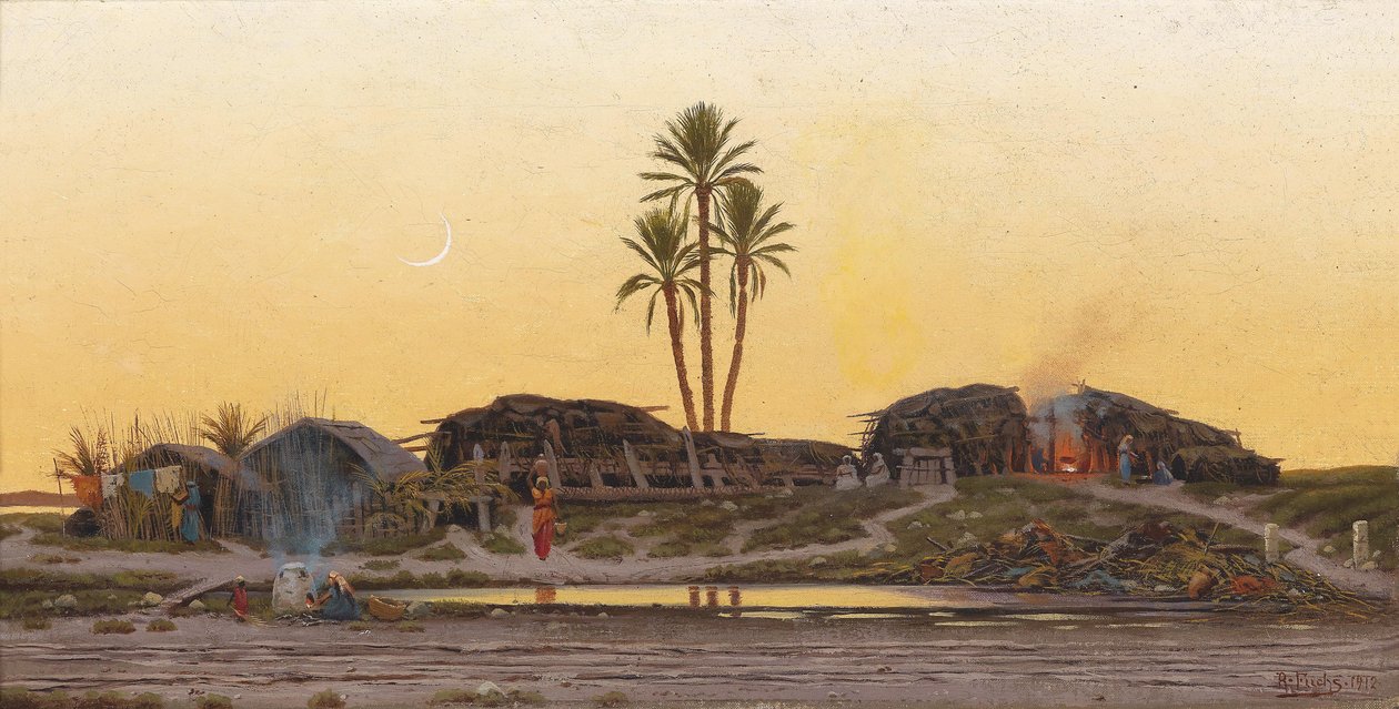 Abendstimmung über einem Dorf, rückseitig betitelt arabisches Dörfchen in Tunis tekijältä Richard Fuchs