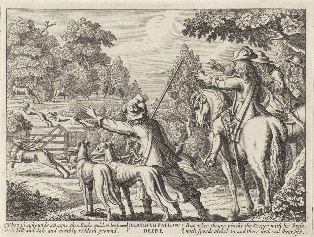 Herten gejaagd door jachthonden Coursing Fallow Deere (otsikko esineessä) Jacht Partijen (sarjan nimi) Useita metsästys-, hawking- ja kalastustapoja englannin kielen mukaan (sarjan nimi) tekijältä Richard Gaywood (possibly)