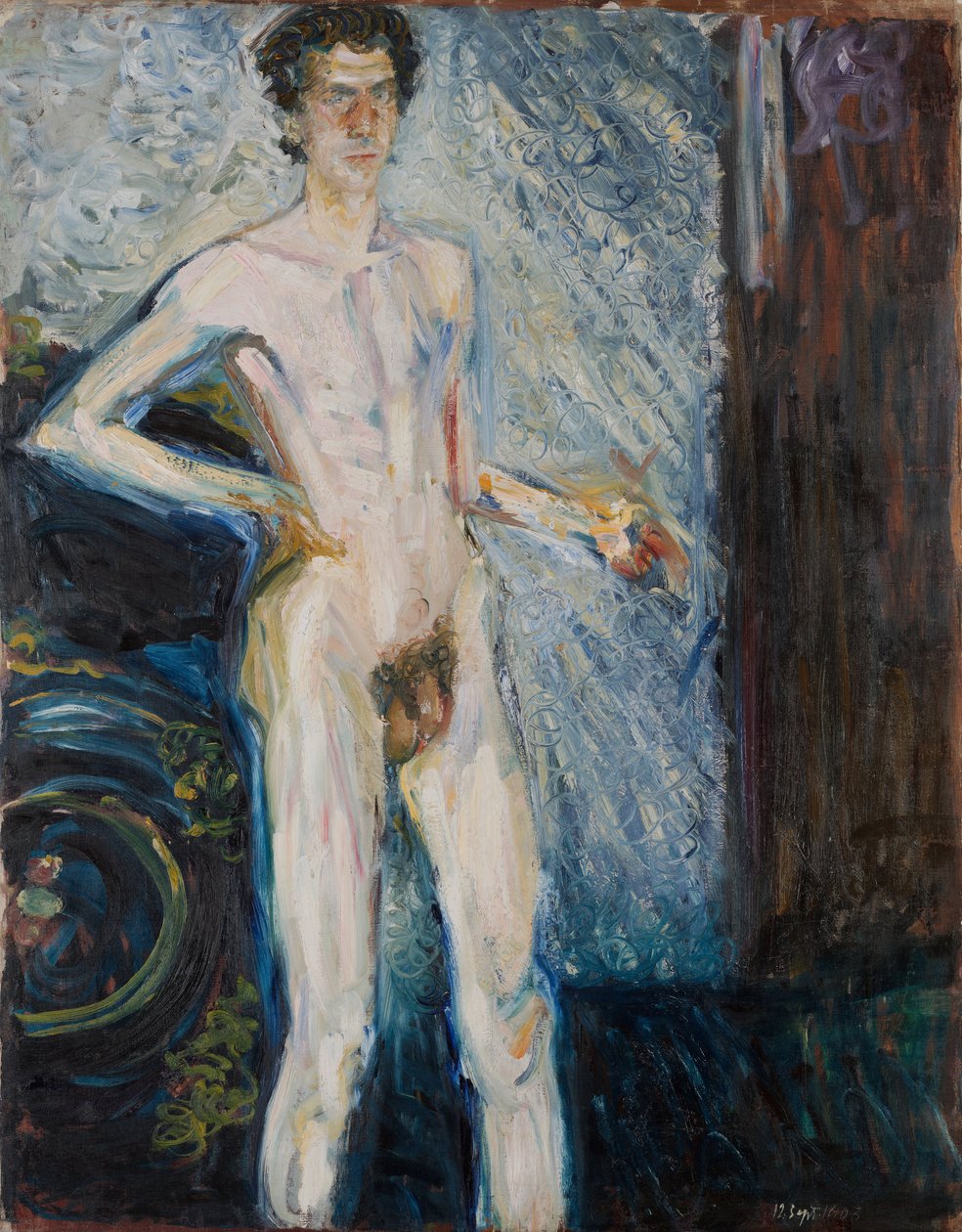 Alaston omakuva paletilla - Gerstl, Richard (1883-1908) - 1908 - Öljy kankaalle - 139,3x100 - Leopold-museo, Wien tekijältä Richard Gerstl
