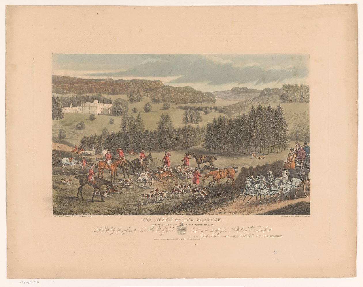 Metsästäjiä ja koiria kuolevan peuran ympärillä lähellä Whatcombe Housea The Death of the Roebuck, näkymä Whatcombe Houselle (otsikko esineessä) tekijältä Richard Gilson Reeve