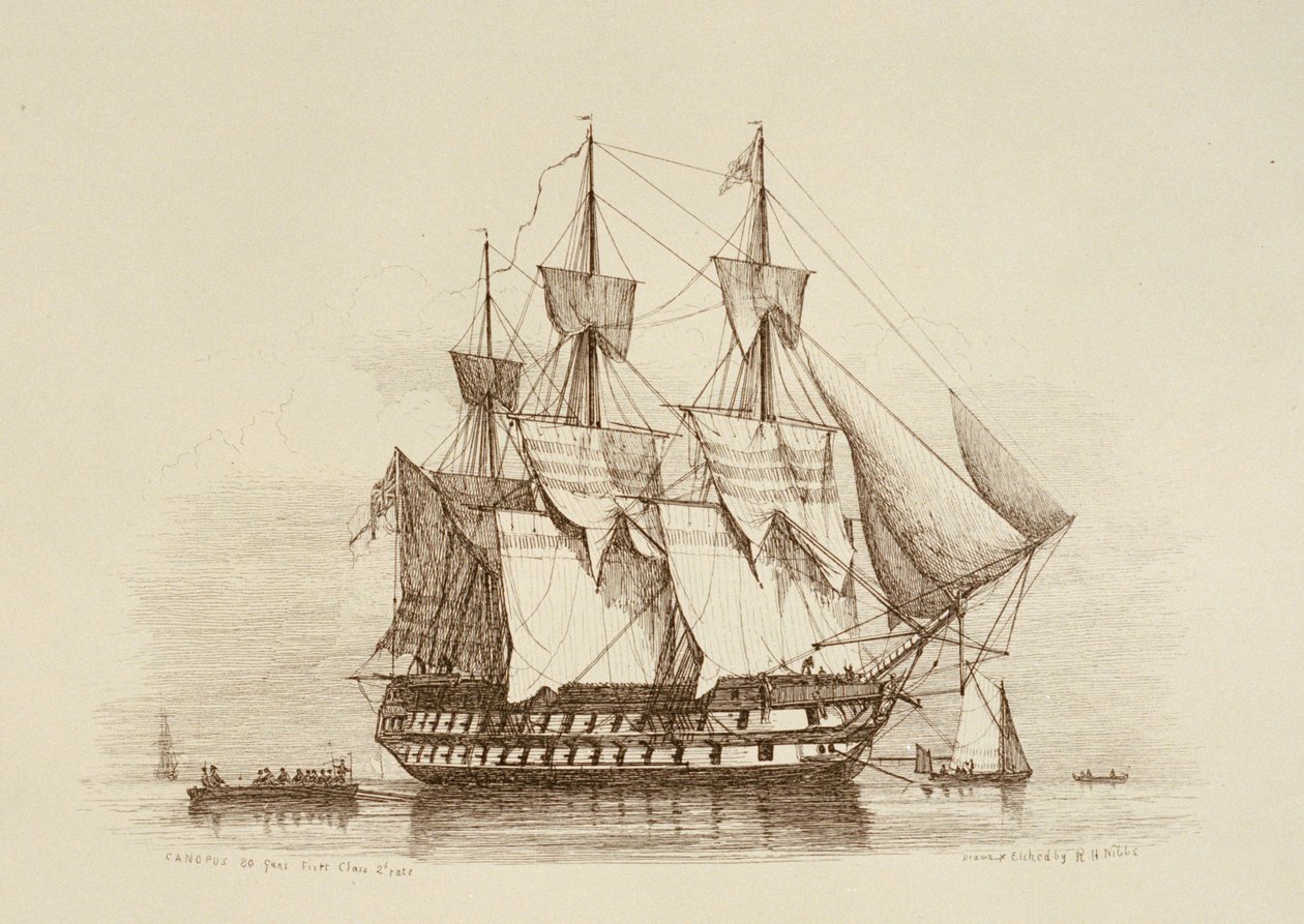 Canopus 80 tykkiä Ensimmäisen luokan 2. luokan, noin 1849 (etsaus). tekijältä Richard Henry Nibbs