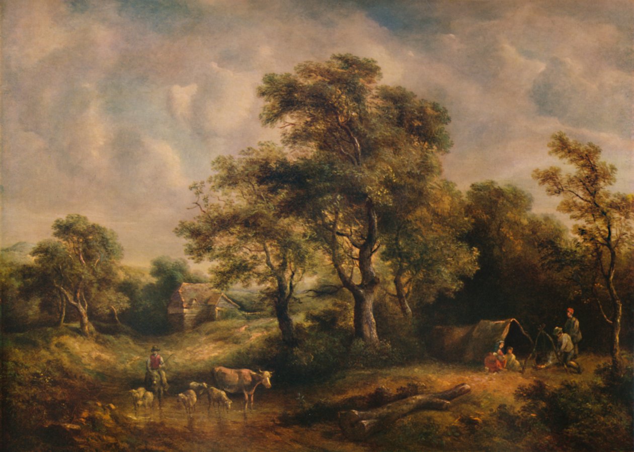 Maisema mustalaisteltan kanssa, 1800-luku, 1935 tekijältä Richard Hilder