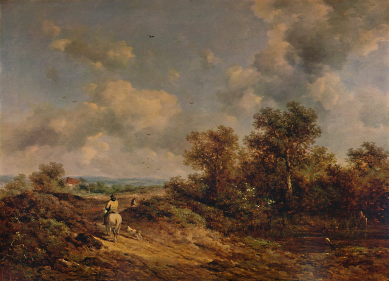 View Near Sevenoaks, Kent, miehen kanssa valkoisella hevosella, 1800-luku, 1935 tekijältä Richard Hilder