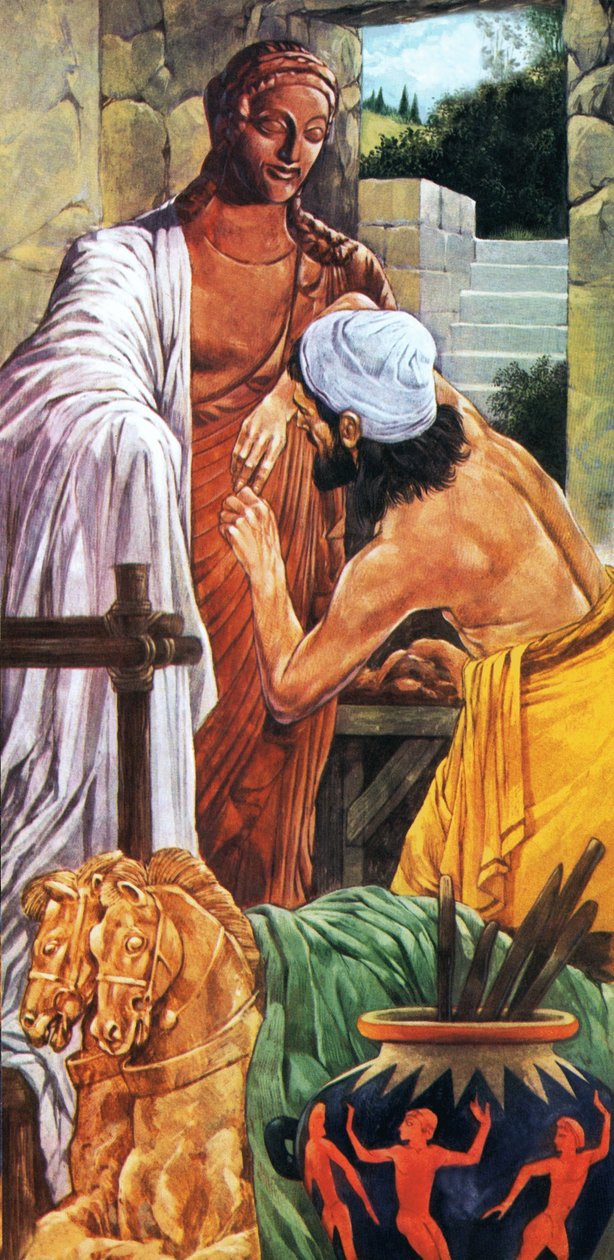Etruskitaiteilija Vulca of Veii työskentelee Hermes-patsaan parissa. tekijältä Richard Hook