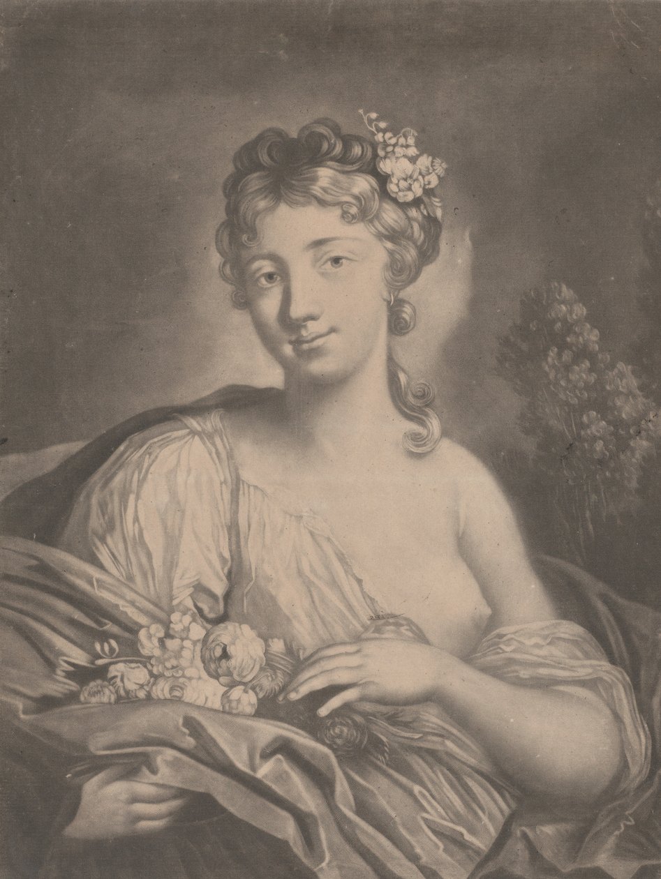 Kevät: nuori nainen pitelee kukkia viitassaan, 1775. tekijältä Richard Houston