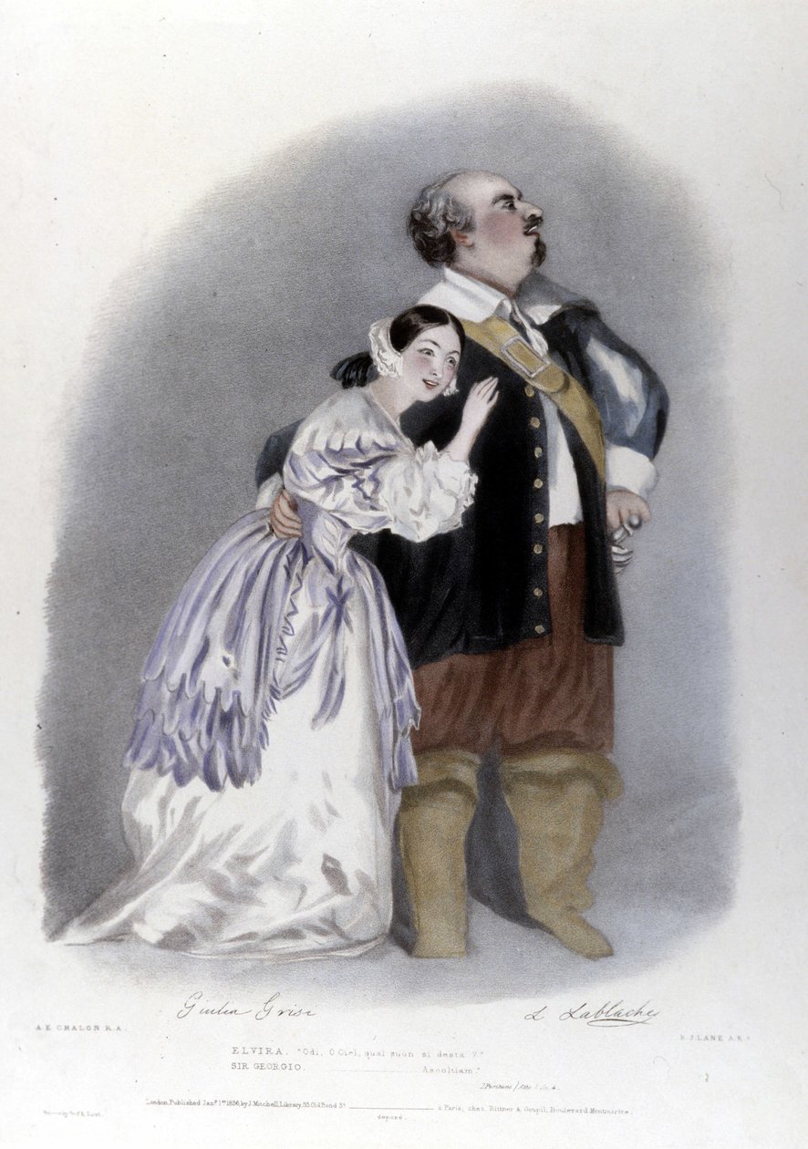 Giulia Grisi ja Luigi Lablache Vincenzo Bellinin Puritaanien 3. näytöksessä. Litografia R. J. Lane. 1835 tekijältä Richard James Lane