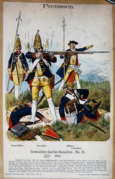 Preussin krenatöörikaartilaiset ja upseerit vuonna 1745, noin 1890 (värilitografia). tekijältä Richard Knoetel