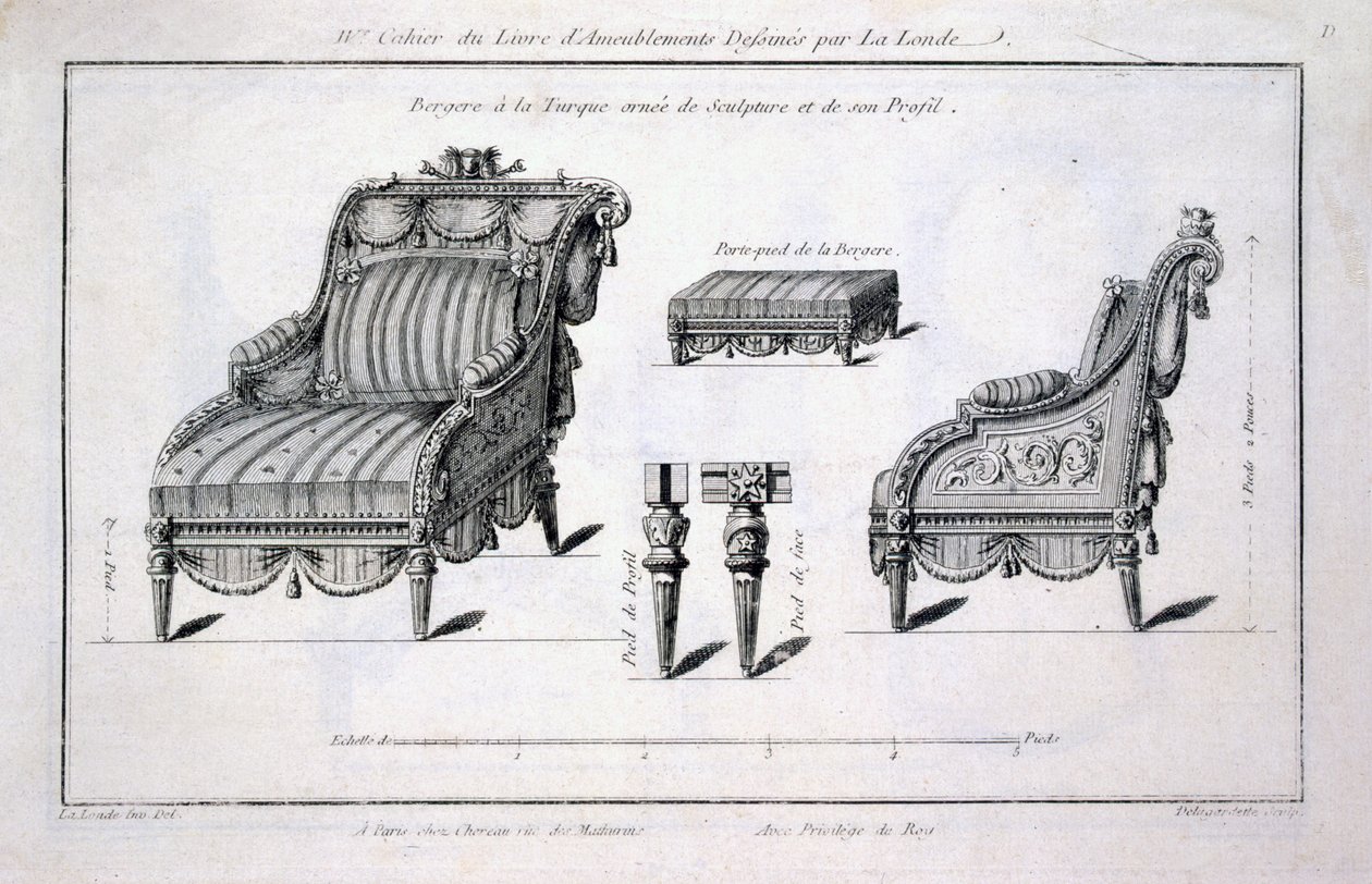 Turkkilaistyylinen bergere-nojatuoli, Oeuvres Divers de Lalonde, koristelu ja suunnittelija, julkaistu 1780-96 tekijältä Richard Lalonde