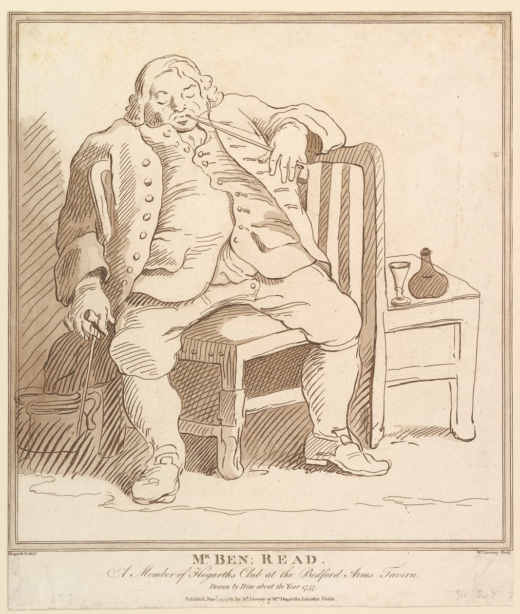 Mr. Ben: Read, Hogarths Clubin jäsen Bedford Arms Tavernissa, Drawn b..., 27. marraskuuta 1781. tekijältä Richard Livesay