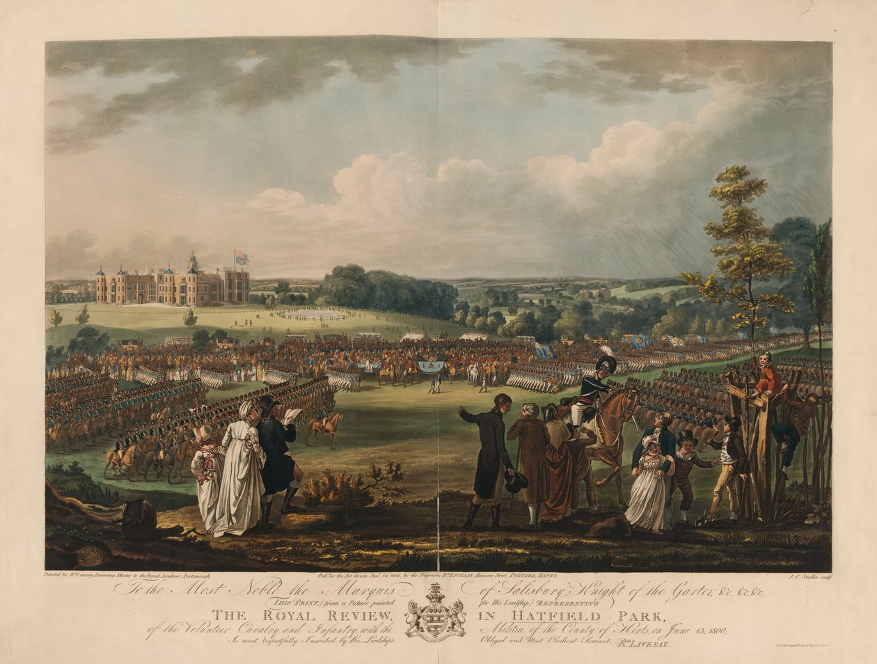 Royal Review of the Volunteer Cavalry and Infantry Hatfield Parkissa yhdessä Hertsin piirikunnan miliisin kanssa 13. kesäkuuta 1800, kaiverrettu Joseph C. Stadler (fl.1780-1812) tekijältä Richard Livesay
