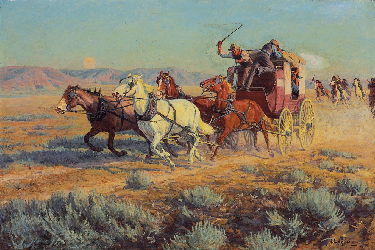 Ratsastettujen intiaanien takaama lavabussi, 1912 tekijältä Richard Lorenz