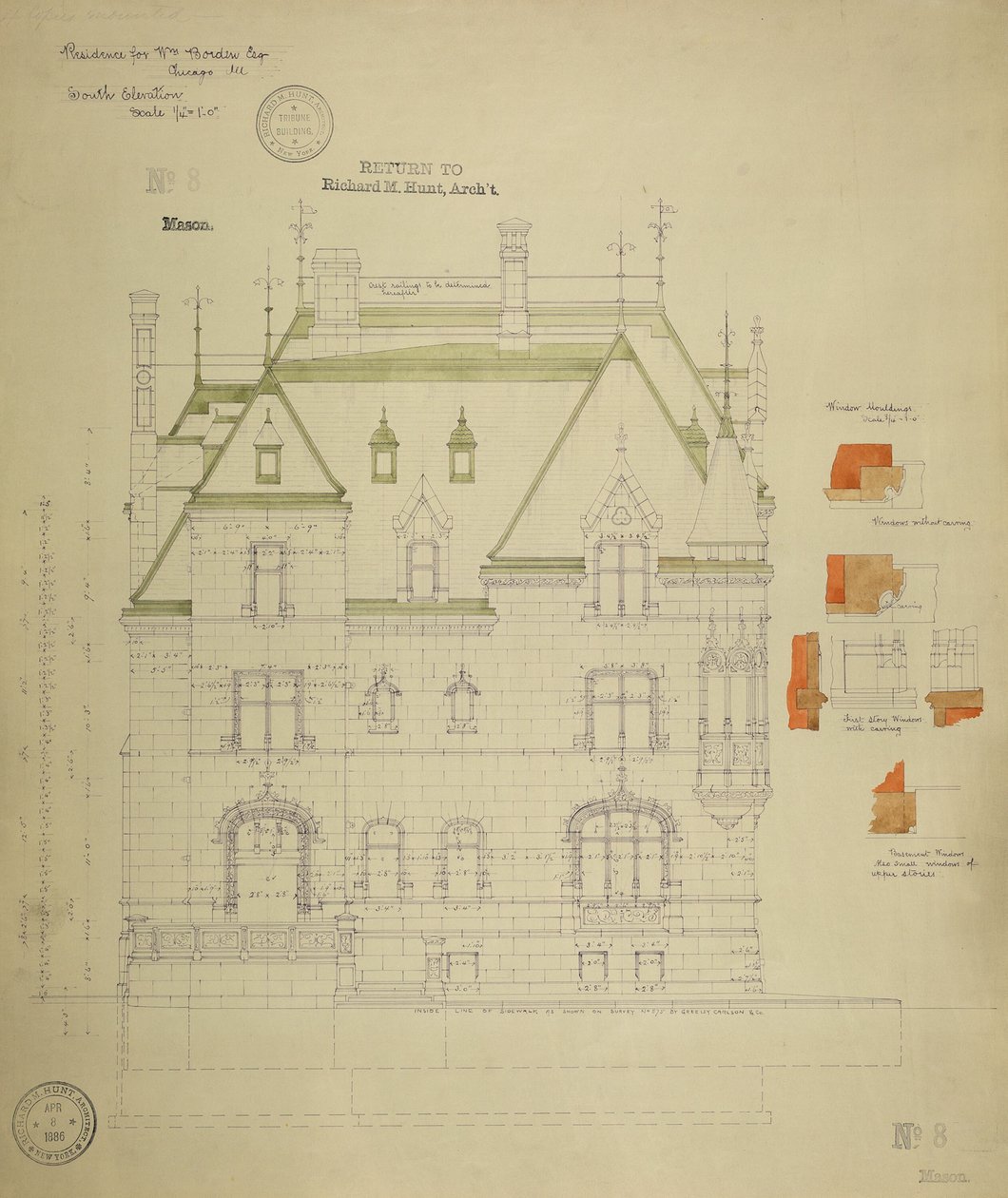 William Borden Residence, Chicago, Illinois, South Elevation tekijältä Richard Morris Hunt
