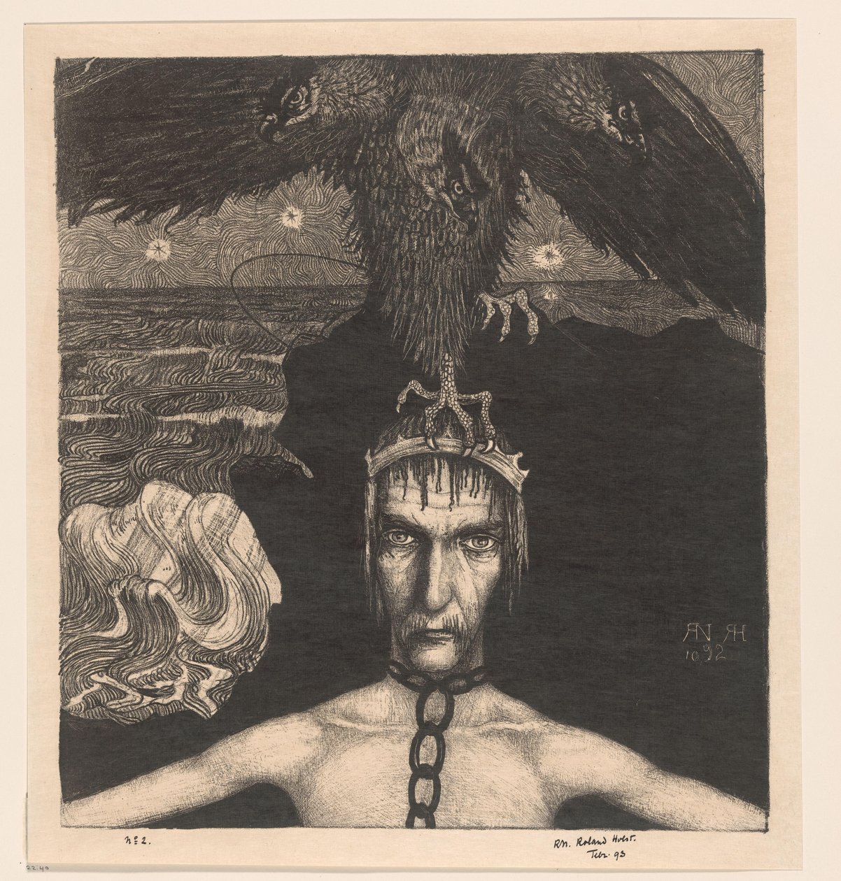Kahlittu mies kolmipäinen petolintu päässään Anangke (Destiny) (alkuperäinen nimi) tekijältä Richard Nicolaüs Roland Holst (signed by artist)