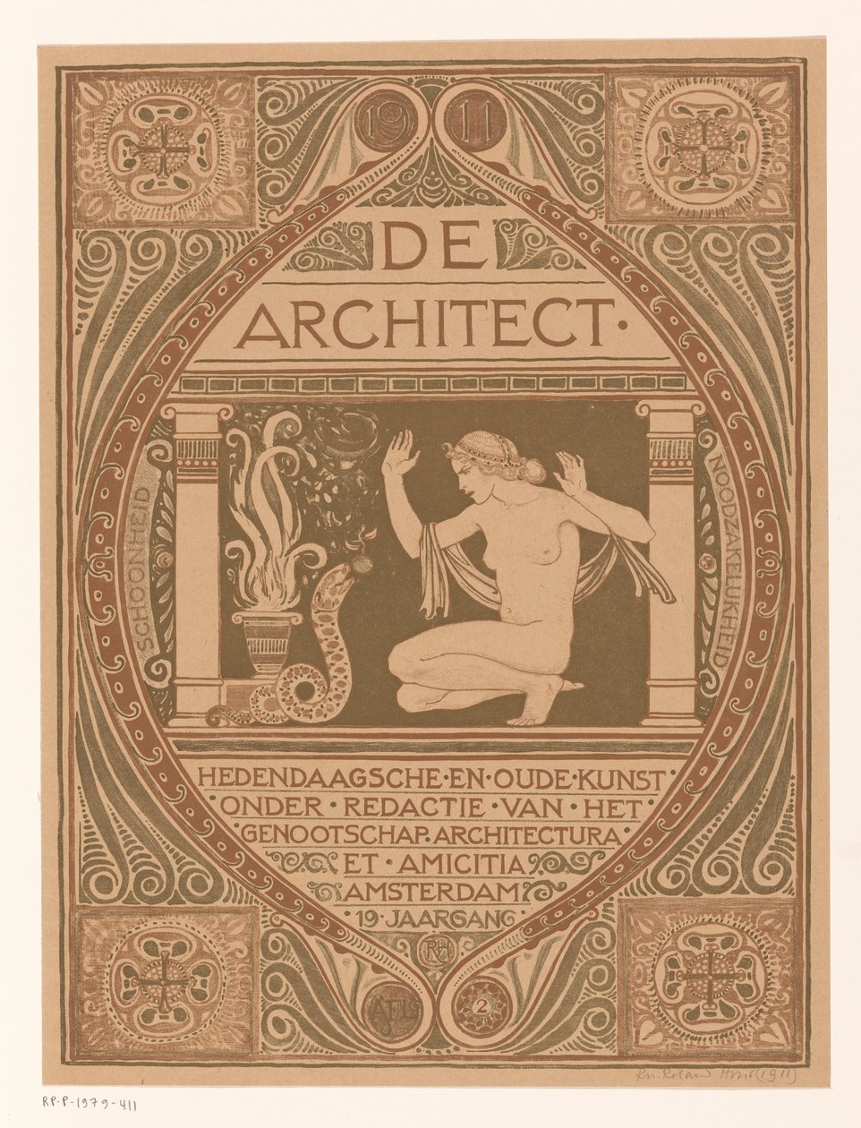Kansisuunnittelu: De Architect, 1911 tekijältä Richard Nicolaüs Roland Holst (signed by artist)