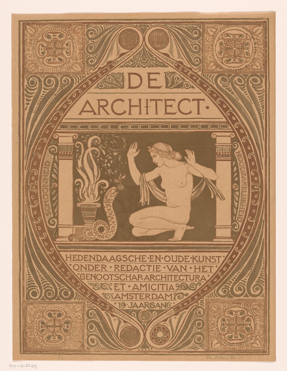Kansisuunnittelu: De Architect, 1911 tekijältä Richard Nicolaüs Roland Holst (signed by artist)