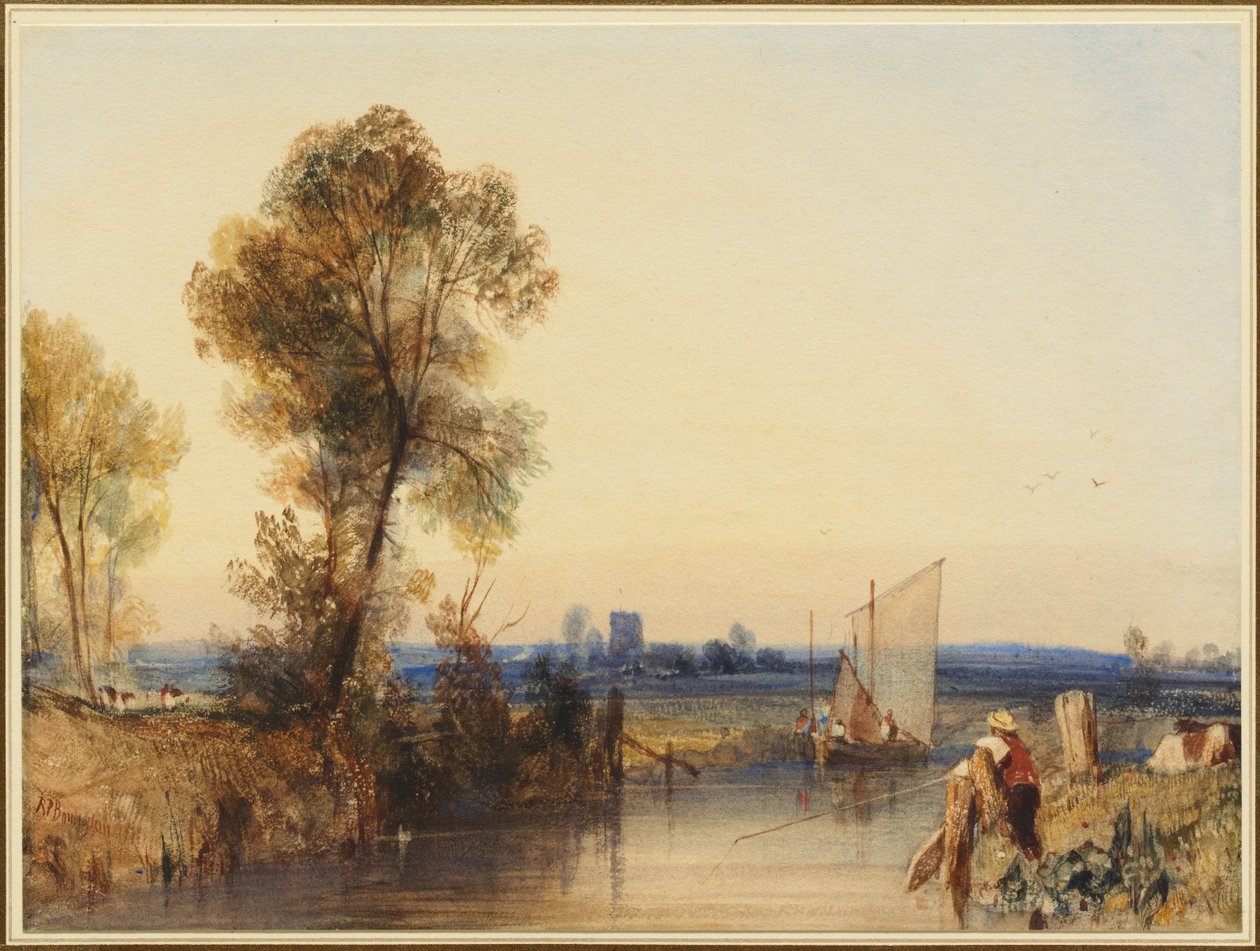 Kalastaja joen rannalla, kirkontorni etäisyydessä tekijältä Richard Parkes Bonington