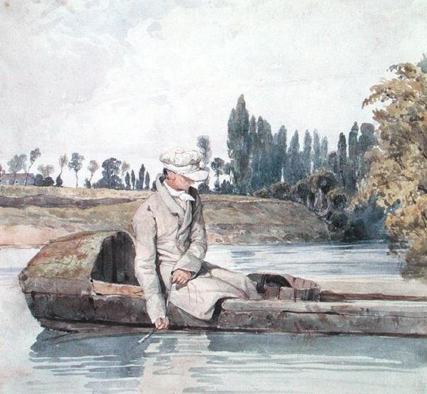 Mies kalastamassa veneestä joella (akvarelli paperille) tekijältä Richard Parkes Bonington