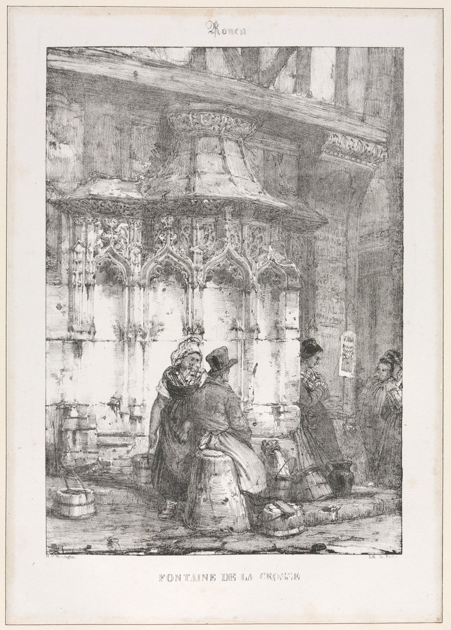 Arkkitehtoniset jäännökset ja fragmentit: Rouen - Fontaine de la Crosse, 1827. tekijältä Richard Parkes Bonington