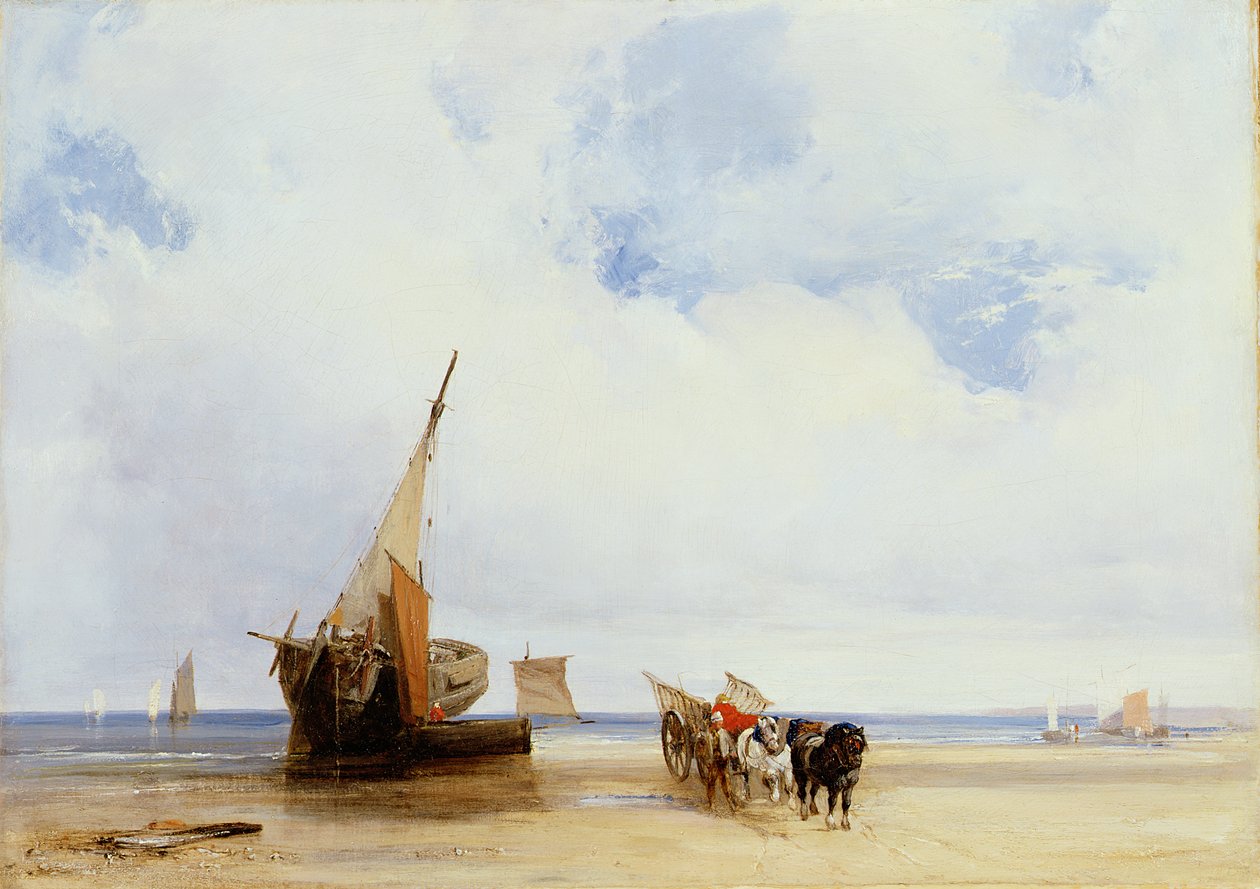 Rannalla olevat alukset ja vaunu lähellä Trouvilleä, n. 1825 (öljy kankaalle) tekijältä Richard Parkes Bonington