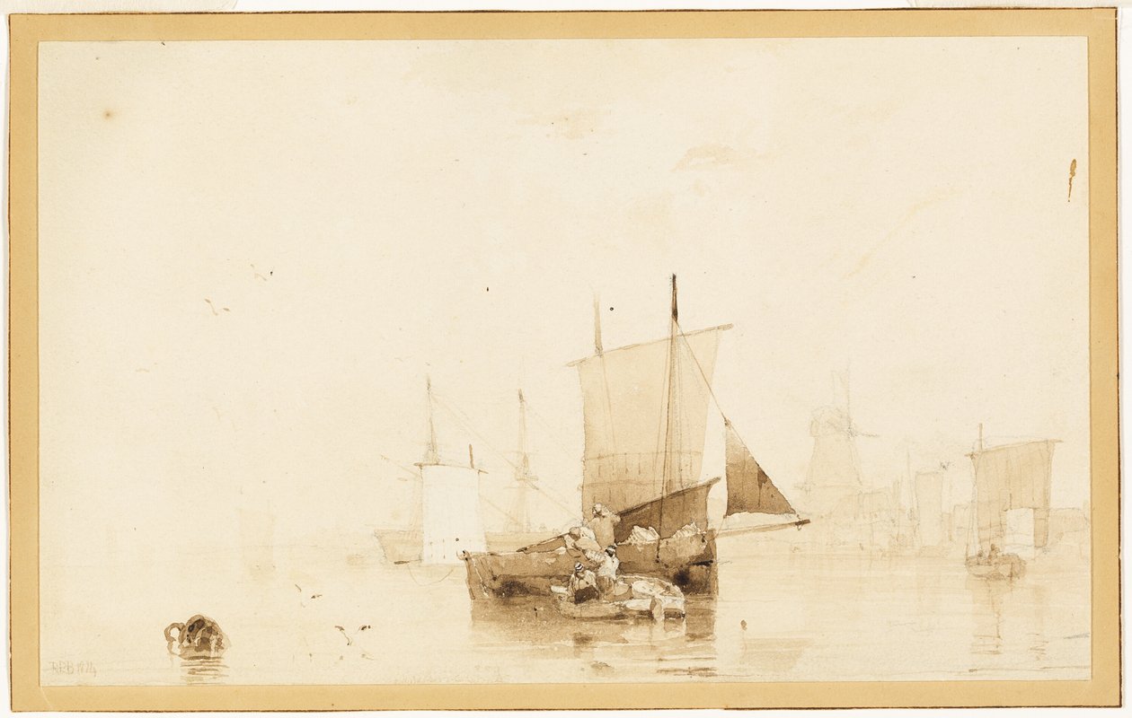 Veneitä satamassa tekijältä Richard Parkes Bonington