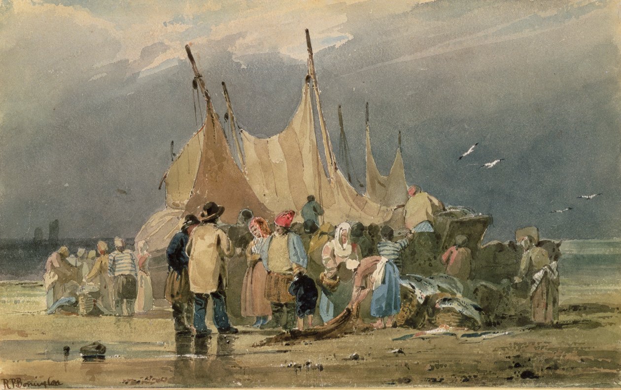 Kalastajat rannalla, myrsky lähestyy (akvarelli) tekijältä Richard Parkes Bonington