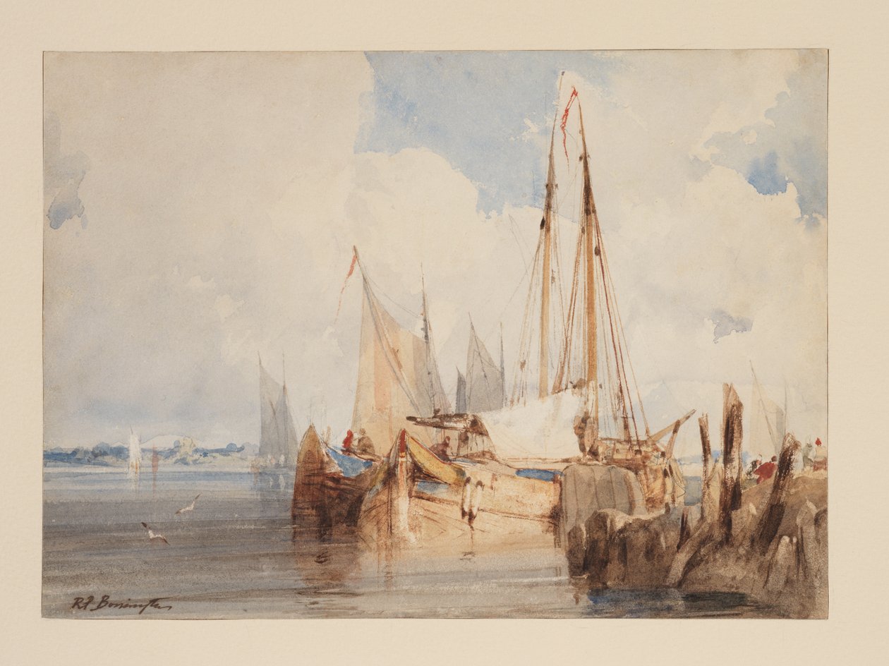 Suistoon ankkuroituja kalastusveneitä, n. 1825 (akvarelli paperille) tekijältä Richard Parkes Bonington