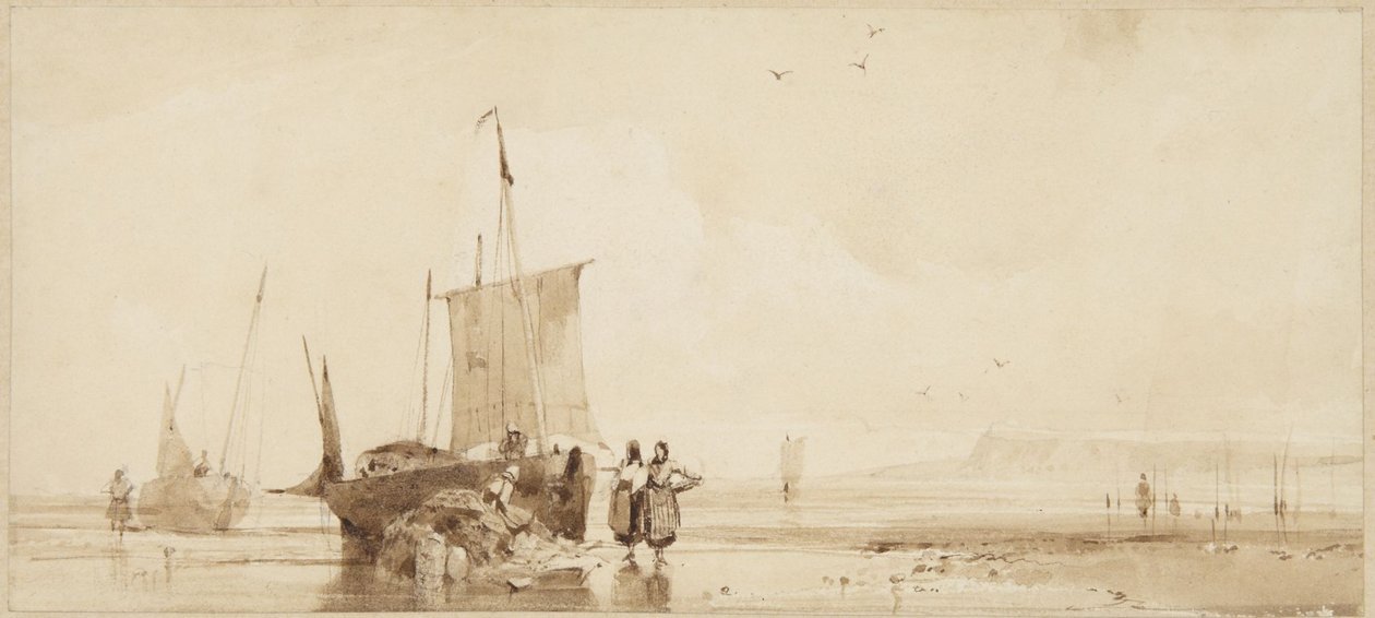 Kalastusveneitä hiekkarannalla Normandian rannikolla tekijältä Richard Parkes Bonington