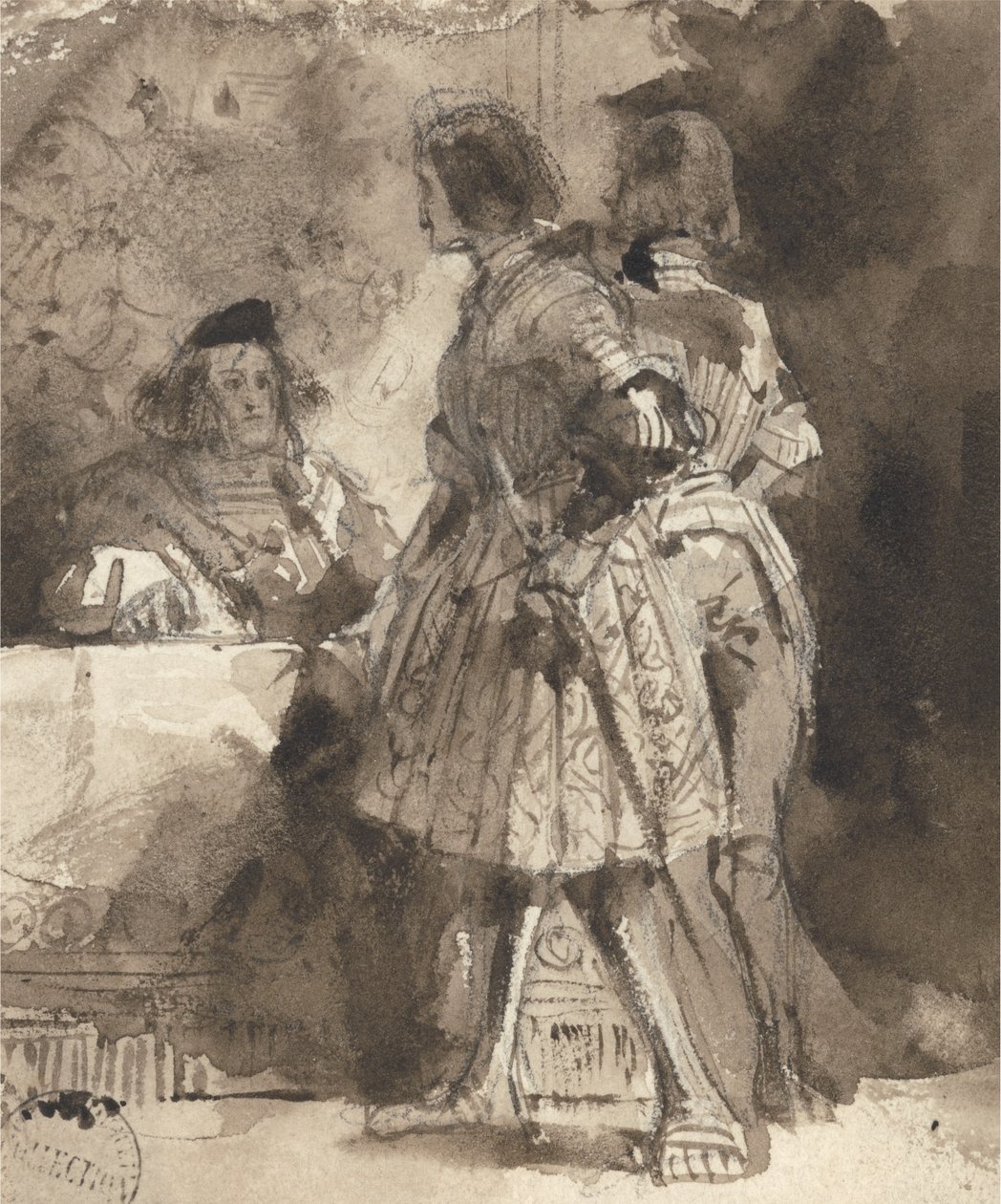 Goetz von Berlichingen keisarillisen tuomarin edessä, n. 1826 (ruskea pesu ja muste grafiitin päällä paperilla) tekijältä Richard Parkes Bonington