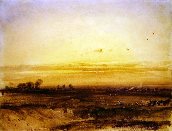 Maisema harvesterien kanssa auringonlaskun aikaan tekijältä Richard Parkes Bonington