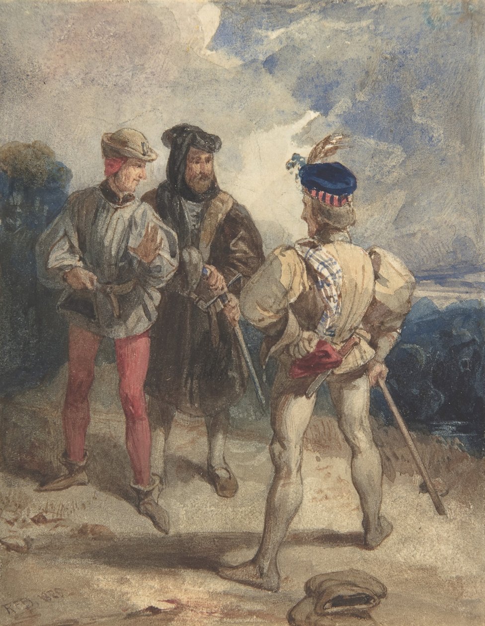 Quentin Durward and the Disguised Louis XI recto, Tutkimus mieshahmosta verso, 1825 tai 1826. tekijältä Richard Parkes Bonington