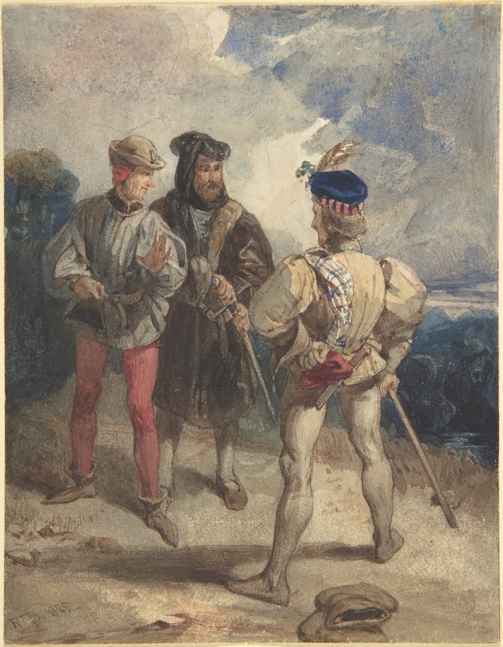 Quentin Durward ja valepukuinen Ludvig XI (etupuoli); mieshahmon tutkielma (kääntöpuoli) tekijältä Richard Parkes Bonington