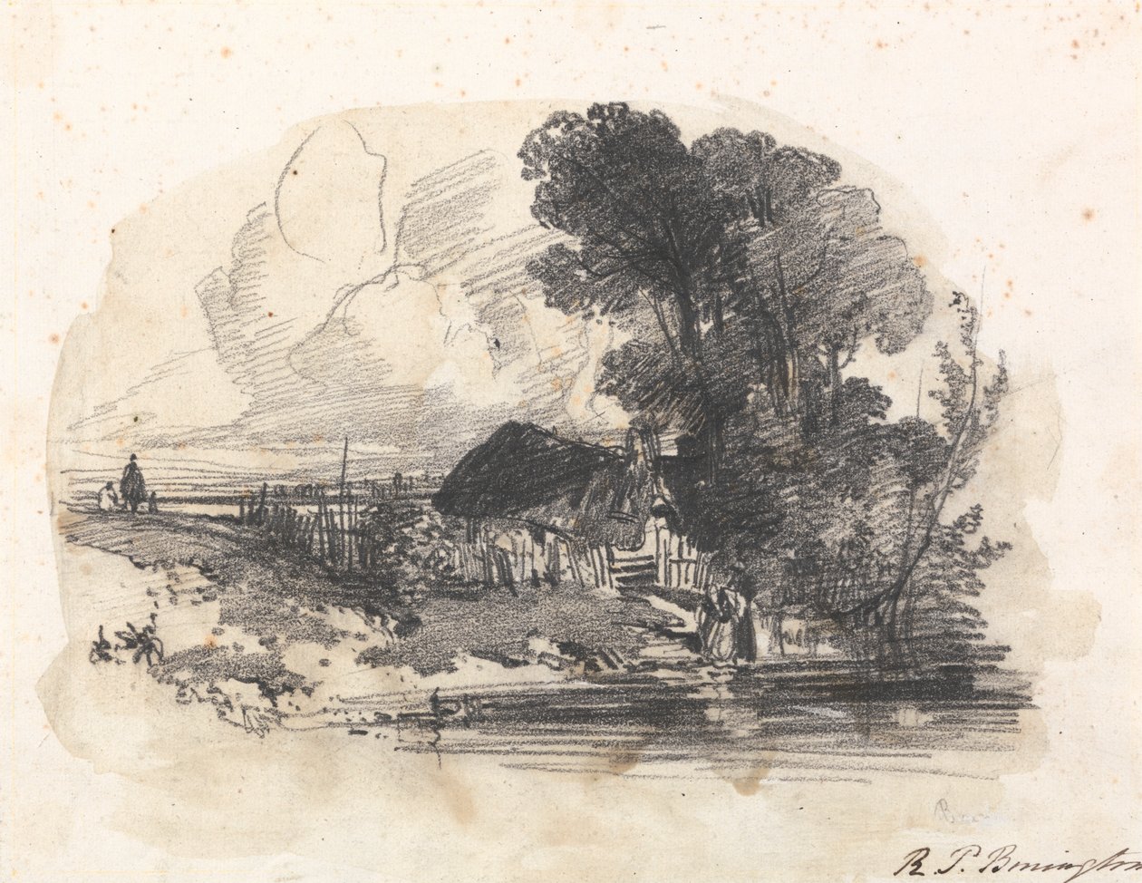 Puut ja mökki joen rannalla tekijältä Richard Parkes Bonington
