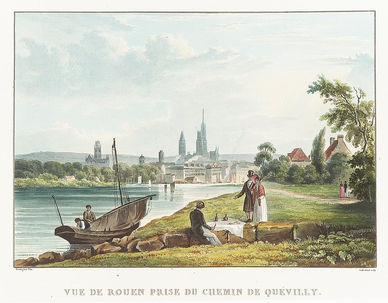 Näkymä Roueniin Quevilly-tieltä (Ranska). Richard Parkes Bonigtonin (1802-1828) litografia (34,7x51,7 cm), 1800-luvun alku. tekijältä Richard Parkes Bonington