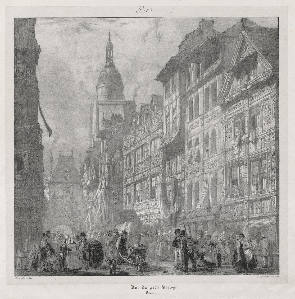 Luonnonkauniita ja romanttisia matkoja muinaisessa Ranskassa, Normandiassa: Rue du Gros Horloge, Rouen tekijältä Richard Parkes Bonington