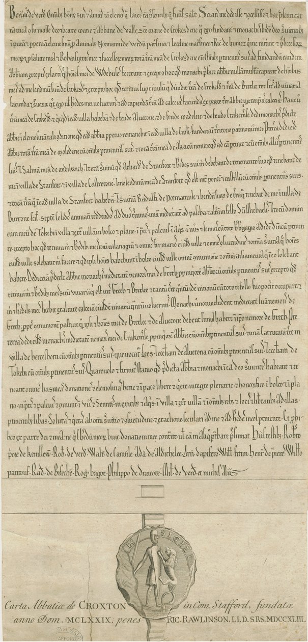 Croxden Abbey - Säätiön peruskirja: kaiverrus tekijältä Richard Rawlinson